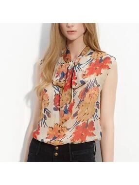 Winter Kate Floral Tie Neck Silk Blouse Size Large